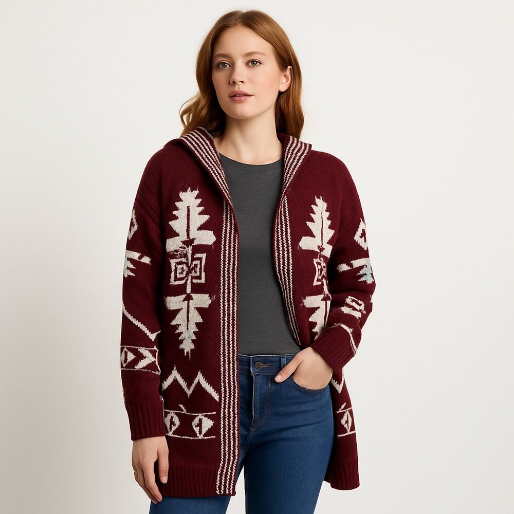 Hippie Rose Medium Red Southwest Boho Open Front Drape Cardigan Hoodie Sweater - Picture 1 of 7